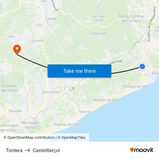 Tordera to Castellterçol map