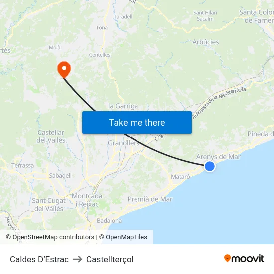 Caldes D’Estrac to Castellterçol map
