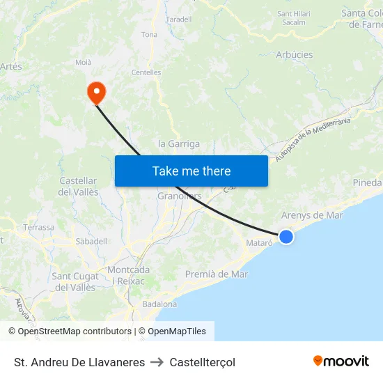 St. Andreu De Llavaneres to Castellterçol map