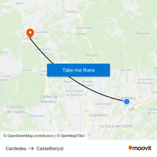 Cardedeu to Castellterçol map