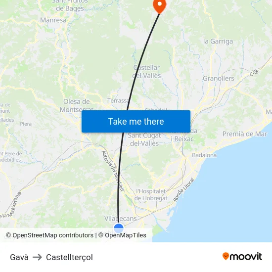Gavà to Castellterçol map