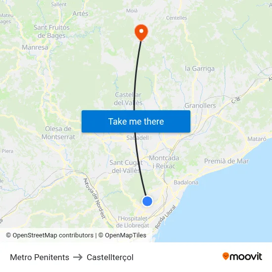 Metro Penitents to Castellterçol map