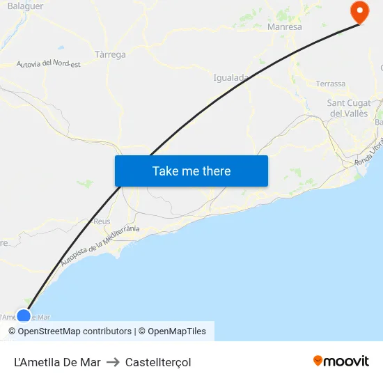 L'Ametlla De Mar to Castellterçol map