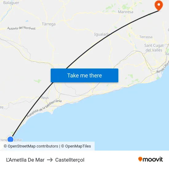 L'Ametlla De Mar to Castellterçol map