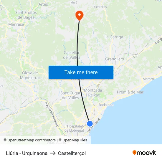 Llúria - Urquinaona to Castellterçol map