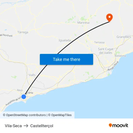 Vila-Seca to Castellterçol map