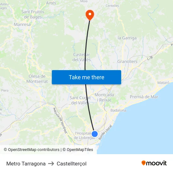 Metro Tarragona to Castellterçol map
