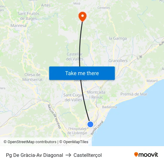Pg De Gràcia-Av Diagonal to Castellterçol map
