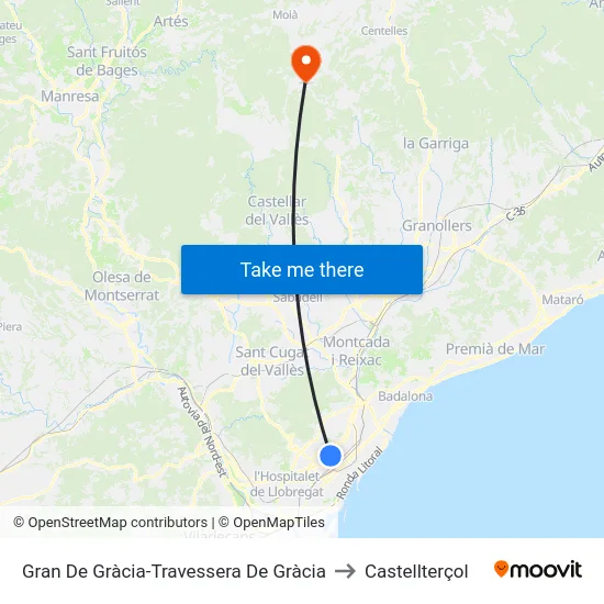 Gran De Gràcia-Travessera De Gràcia to Castellterçol map