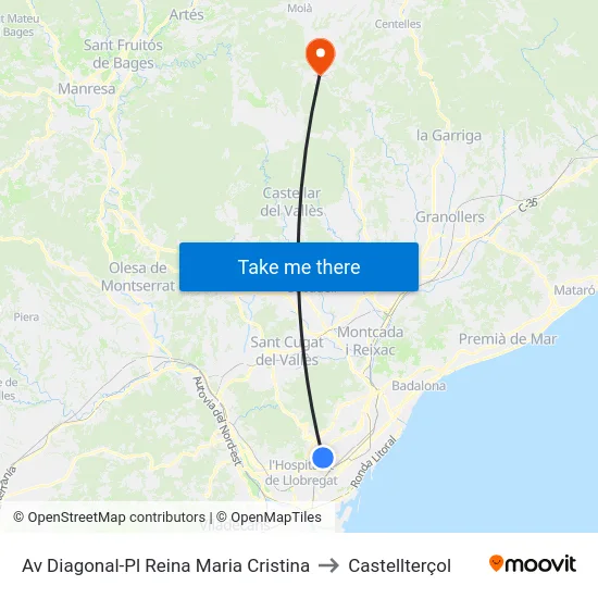 Av Diagonal-Pl Reina Maria Cristina to Castellterçol map