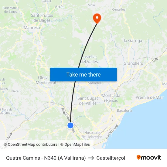 Quatre Camins - N340 (A Vallirana) to Castellterçol map