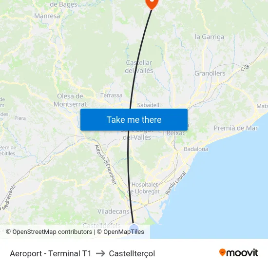 Aeroport - Terminal T1 to Castellterçol map