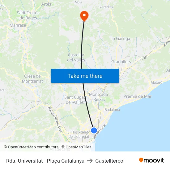 Rda. Universitat - Plaça Catalunya to Castellterçol map