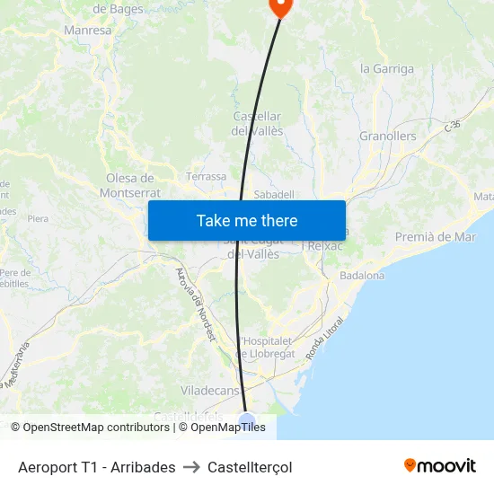 Aeroport T1 - Arribades to Castellterçol map
