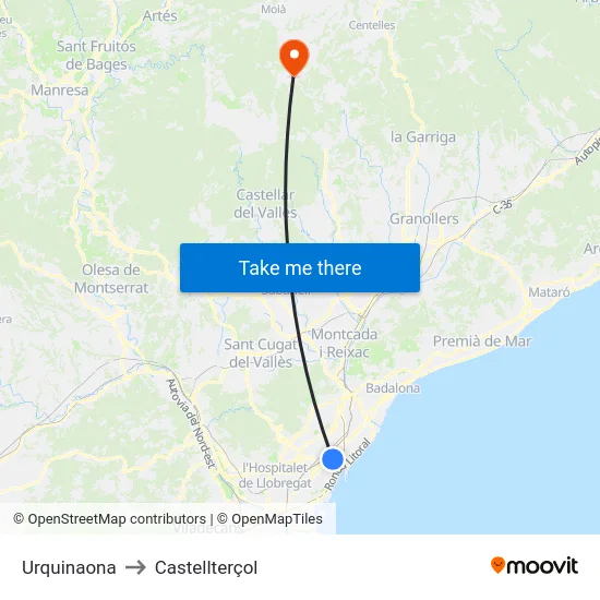 Urquinaona to Castellterçol map