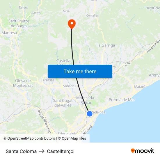 Santa Coloma to Castellterçol map