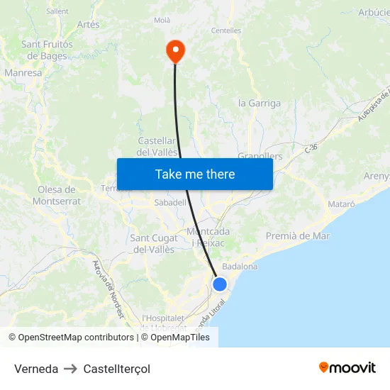 Verneda to Castellterçol map