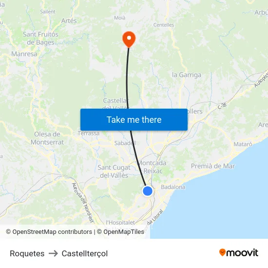 Roquetes to Castellterçol map