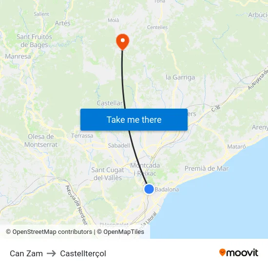 Can Zam to Castellterçol map