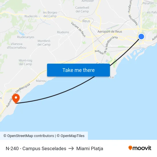 N-240 - Campus Sescelades to Miami Platja map