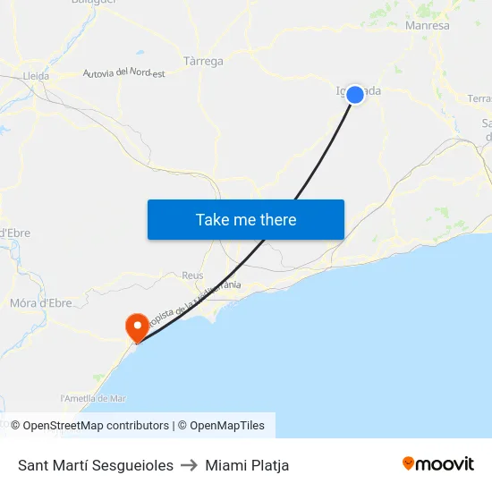 Sant Martí Sesgueioles to Miami Platja map