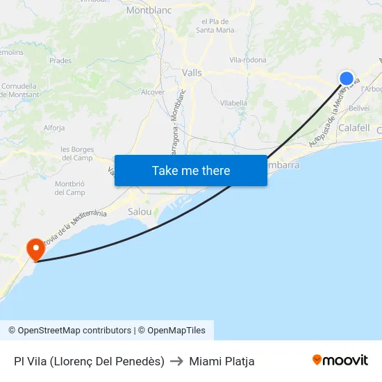 Pl Vila (Llorenç Del Penedès) to Miami Platja map