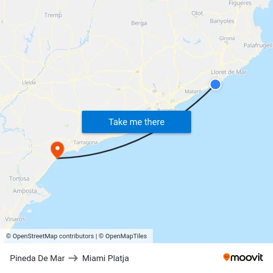 Pineda De Mar to Miami Platja map