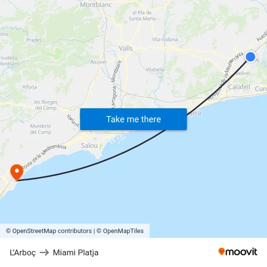 L’Arboç to Miami Platja map