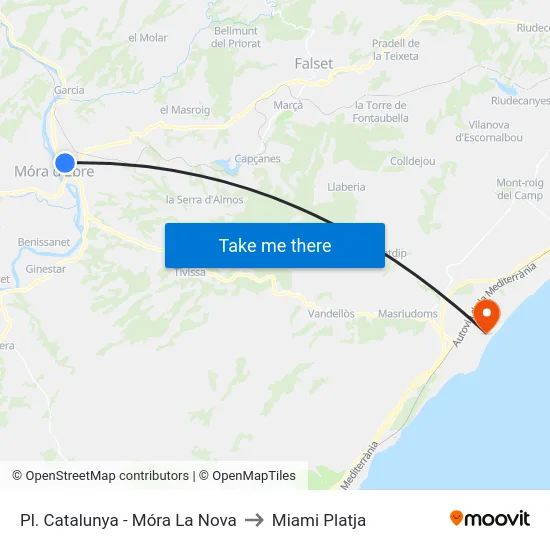 Pl. Catalunya - Móra La Nova to Miami Platja map