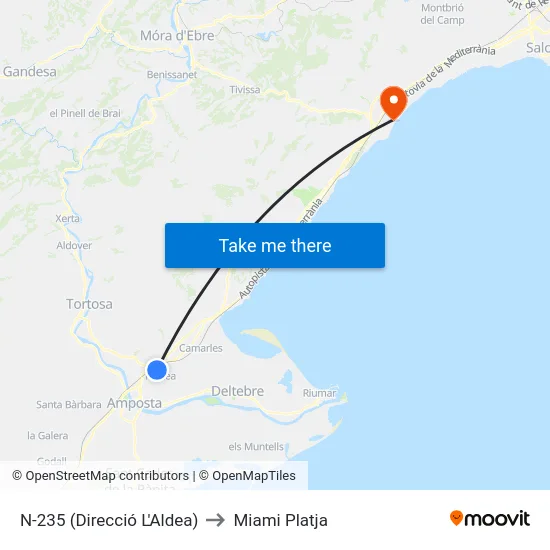 N-235 (Direcció L'Aldea) to Miami Platja map