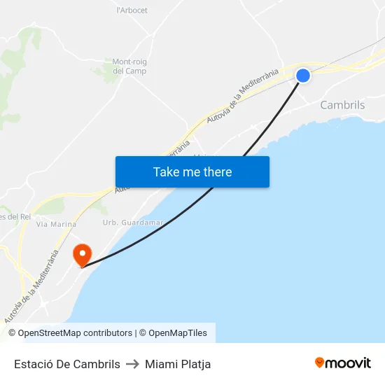 Estació De Cambrils to Miami Platja map