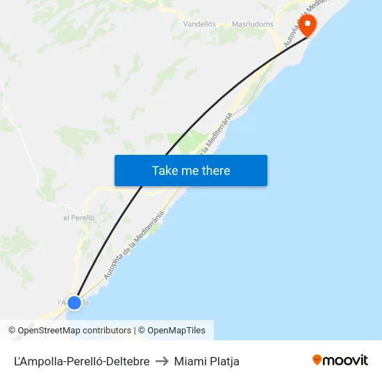 L'Ampolla-Perelló-Deltebre to Miami Platja map