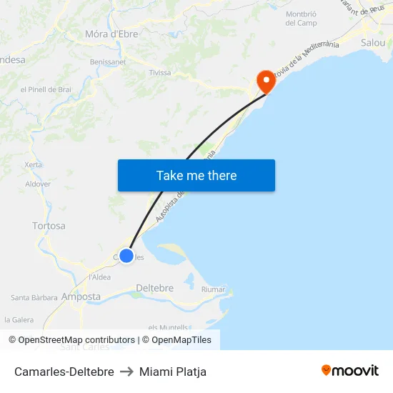 Camarles-Deltebre to Miami Platja map
