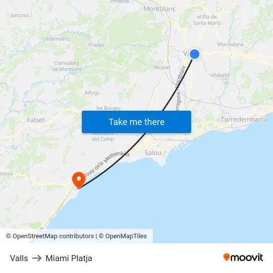Valls to Miami Platja map