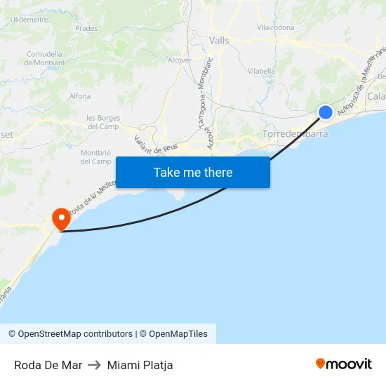 Roda De Mar to Miami Platja map