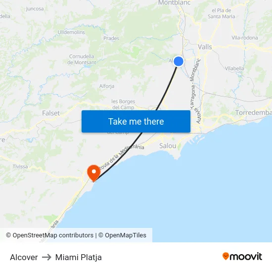 Alcover to Miami Platja map