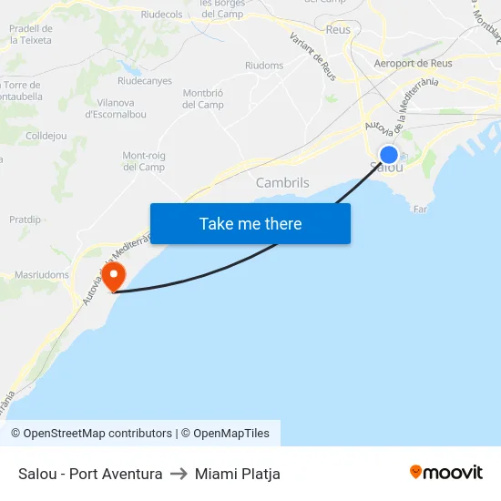 Salou - Port Aventura to Miami Platja map