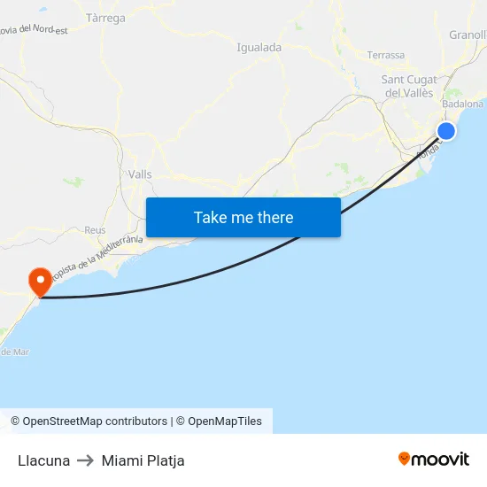 Llacuna to Miami Platja map
