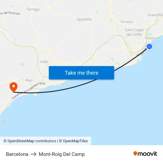 Barcelona to Mont-Roig Del Camp map