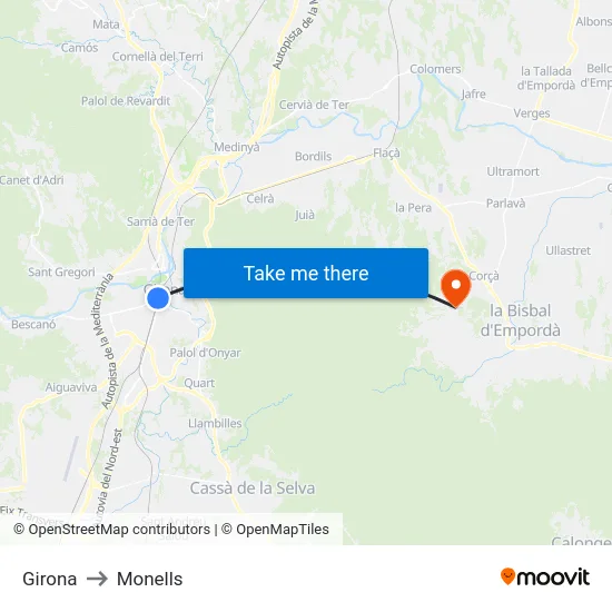 Girona to Monells map