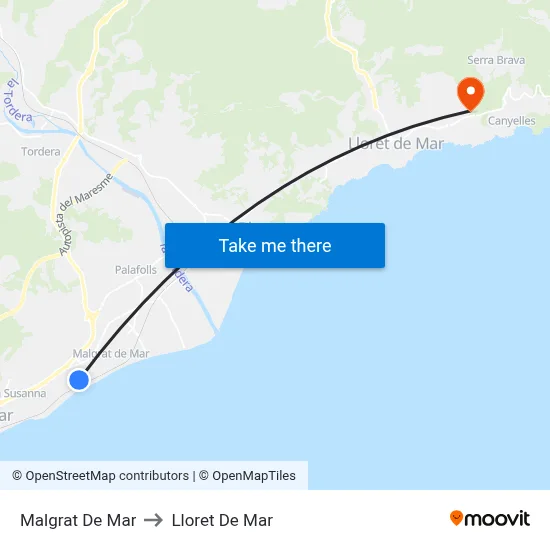 Malgrat De Mar to Lloret De Mar map