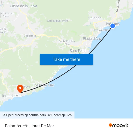 Palamós to Lloret De Mar map