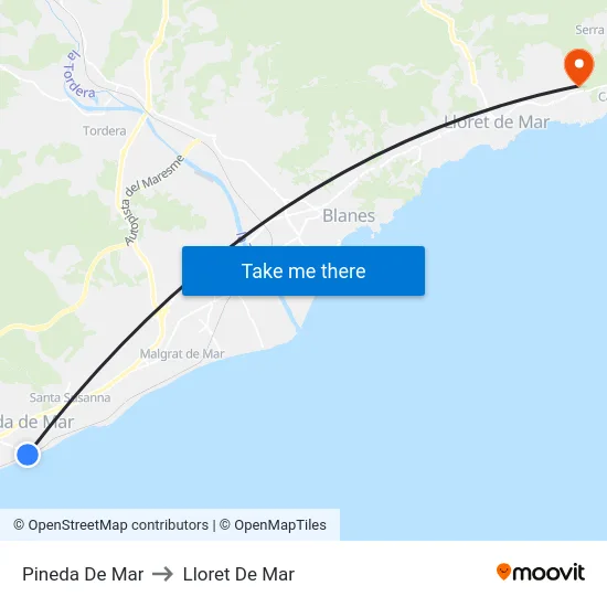 Pineda De Mar to Lloret De Mar map
