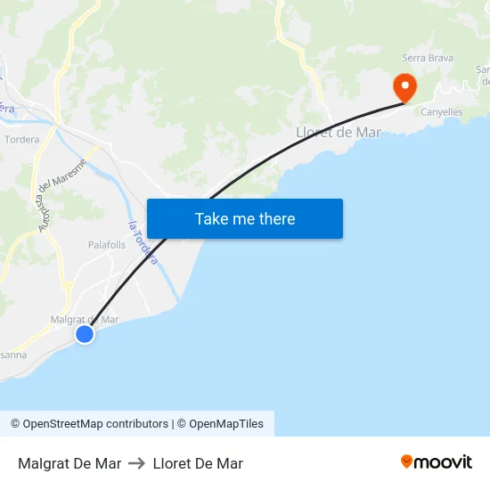 Malgrat De Mar to Lloret De Mar map