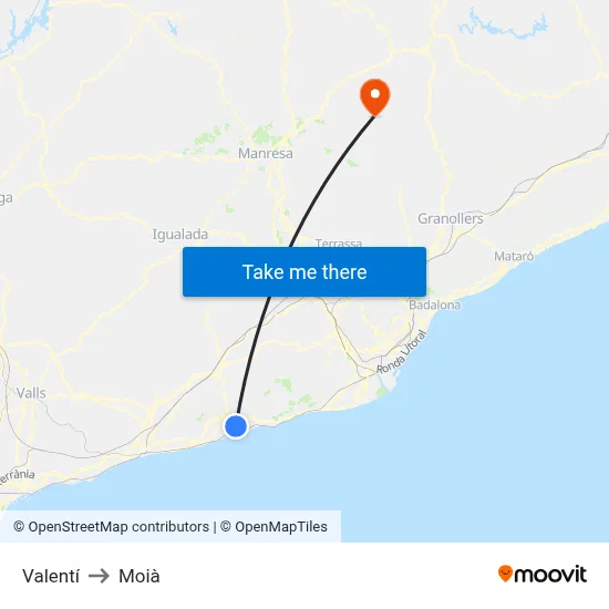 Valentí to Moià map