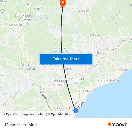 Miramar to Moià map