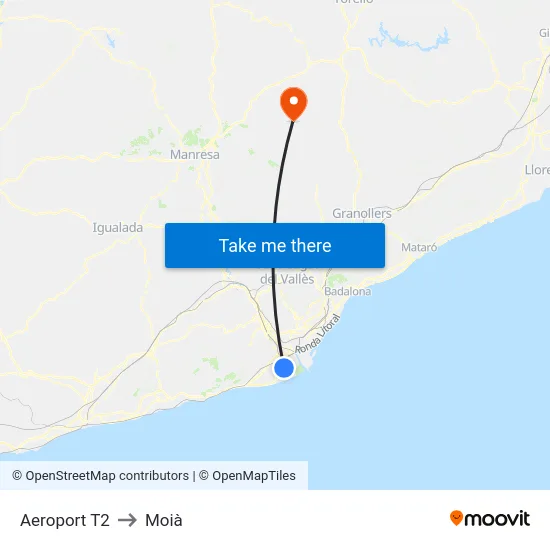 Aeroport T2 to Moià map