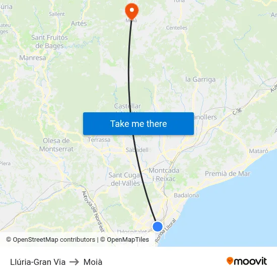 Llúria-Gran Via to Moià map