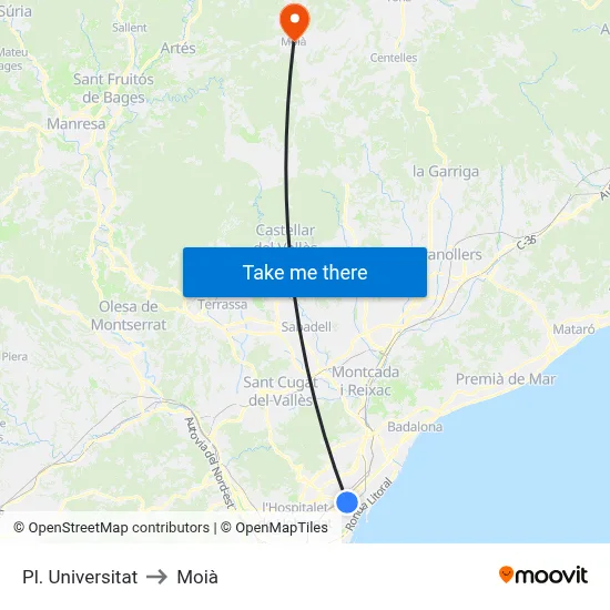 Pl. Universitat to Moià map