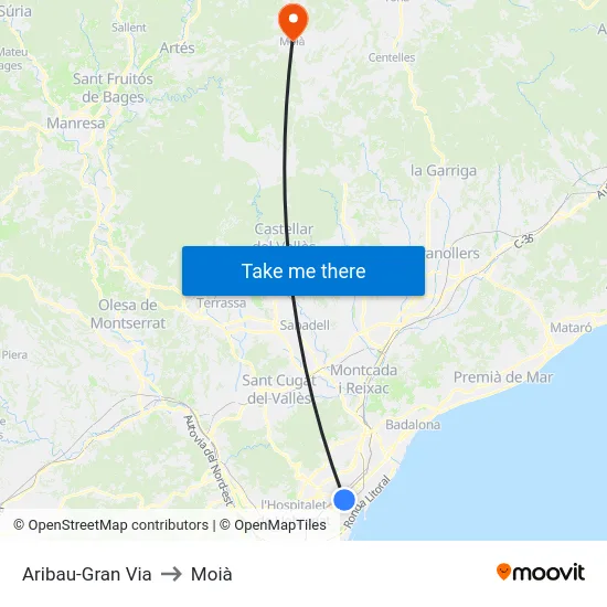 Aribau-Gran Via to Moià map